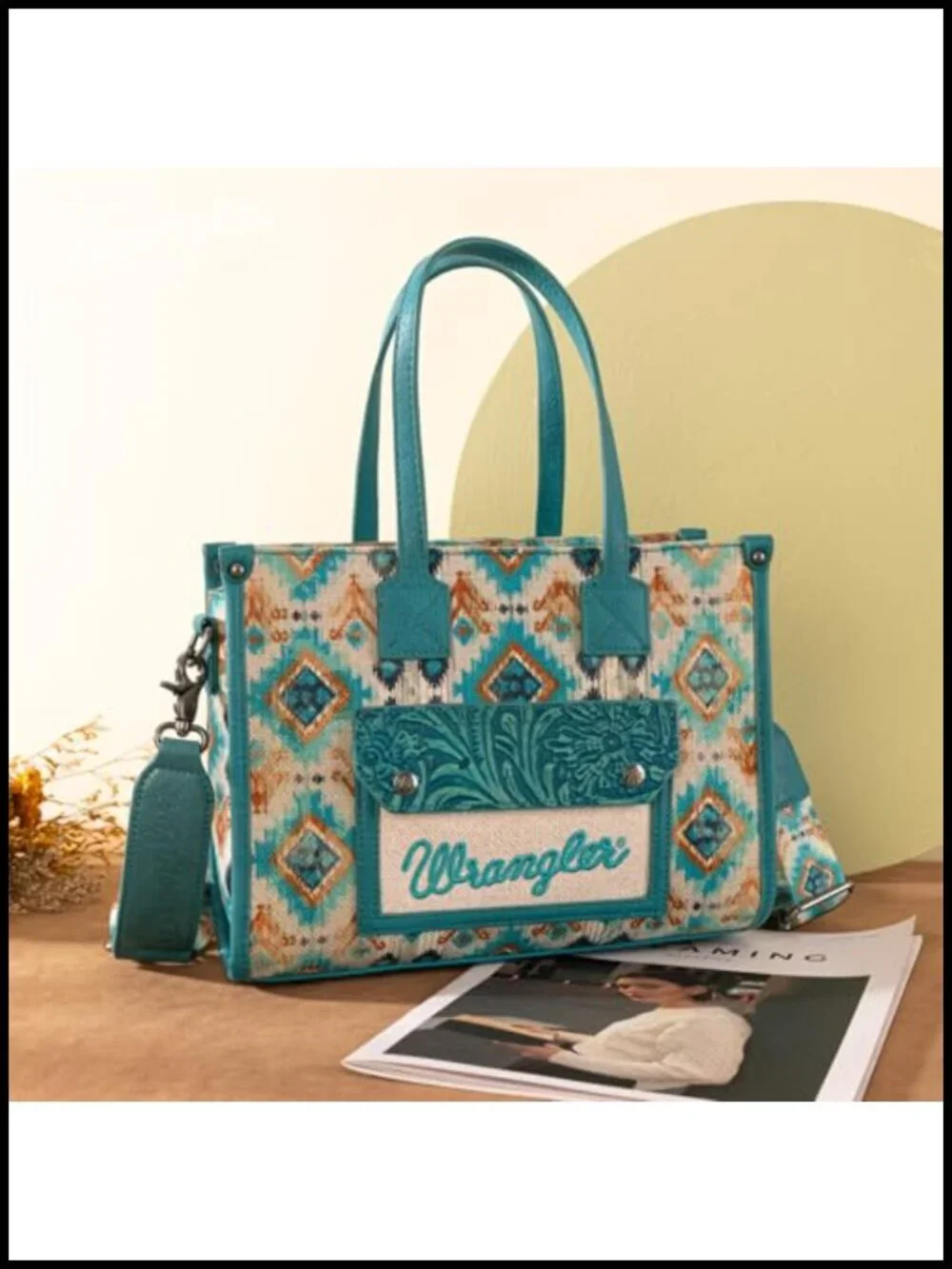Canvas and Vegan Leather Aztec Tote Bag with Crossbody Strap
